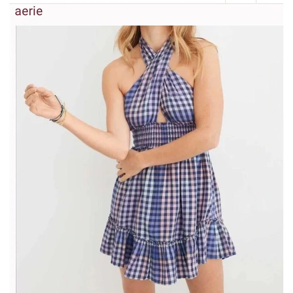 Aerie Spring Fling Plaid Criss Cross Halter Dress Women’s Sz Medium - Picture 2 of 3